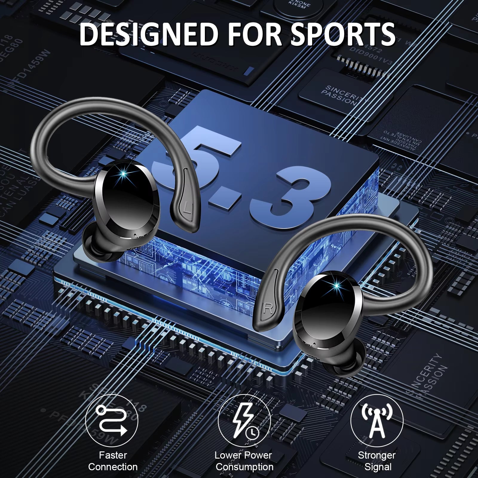 Wireless Earbuds, Bluetooth 5.3 On-Ear Headset, Noise Cancelling Mic, 48H Playtime Sports Headphones for Workout/Running.