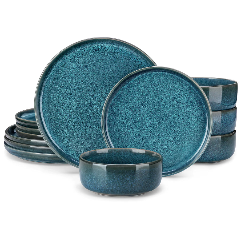 Vancasso 12/24Piece Ceramic Plate Set Blue Reactive Glaze Vertical Edge Tableware Set with 4/8PCS Dinner Plate/Dessert/Bowl
