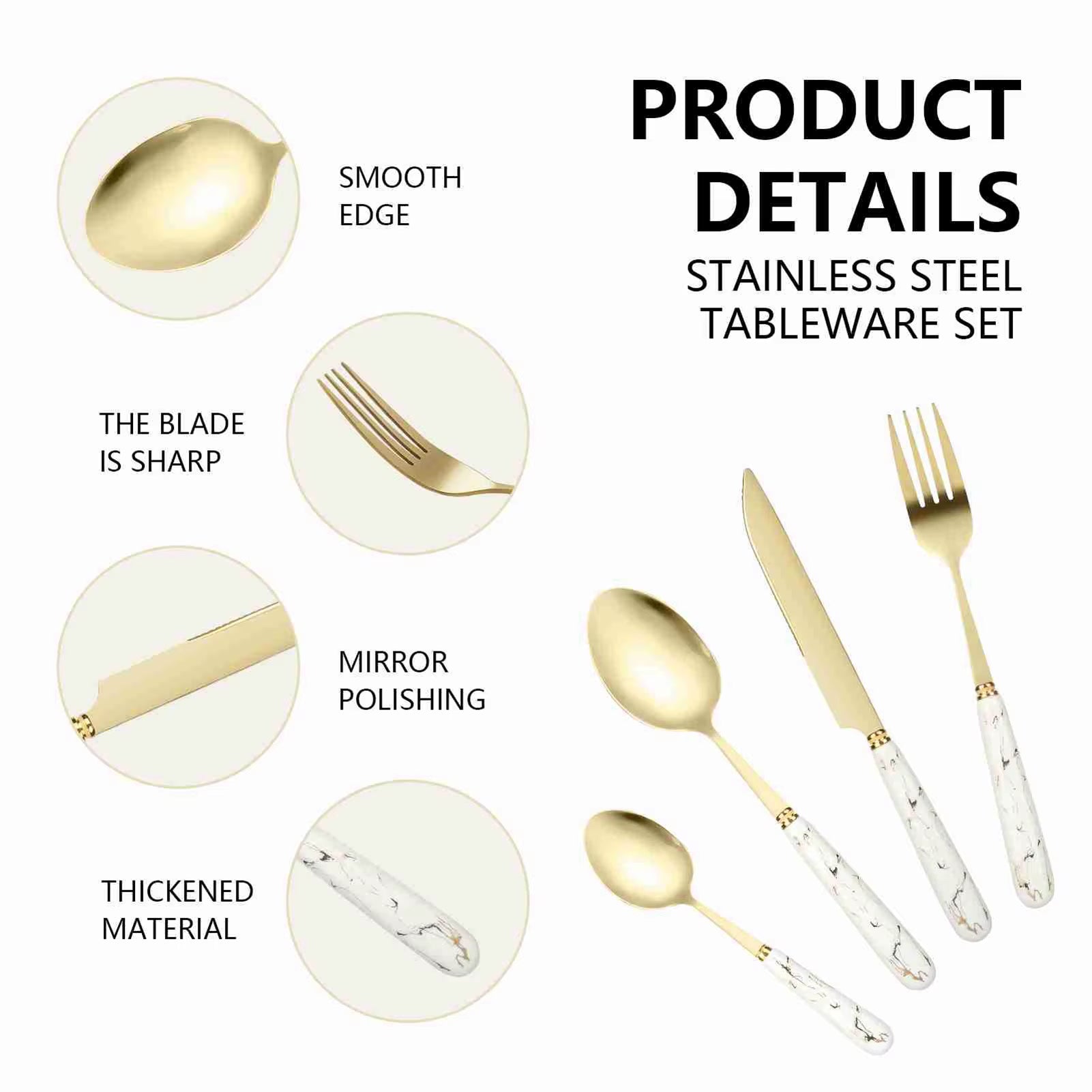 24 Pcs Stainless Steel Tableware Set Gold White Mirror Polished Cutlery Set for Home Restaurant