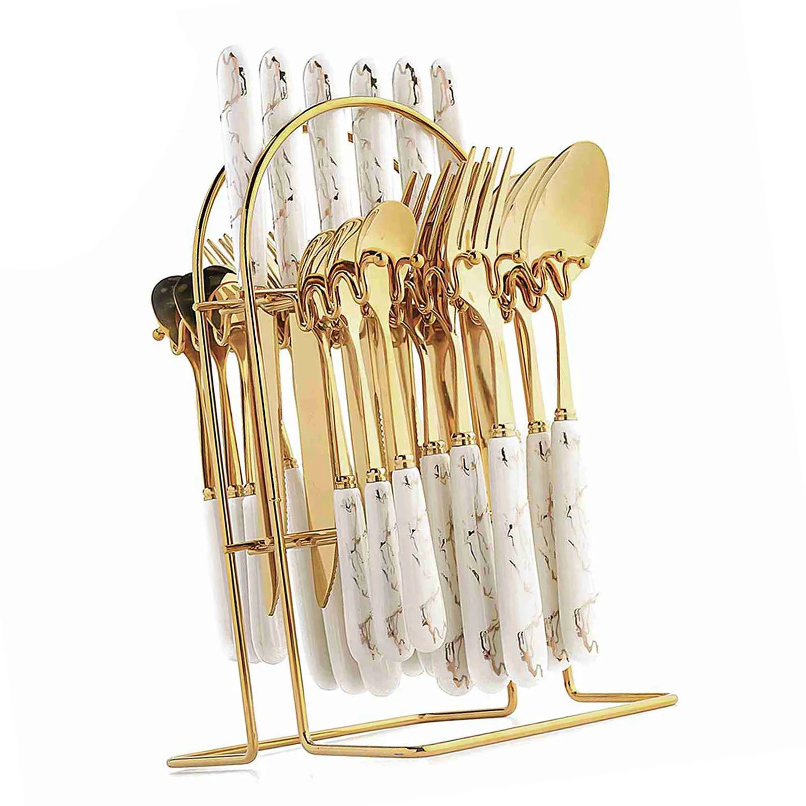 24 Pcs Stainless Steel Tableware Set Gold White Mirror Polished Cutlery Set for Home Restaurant
