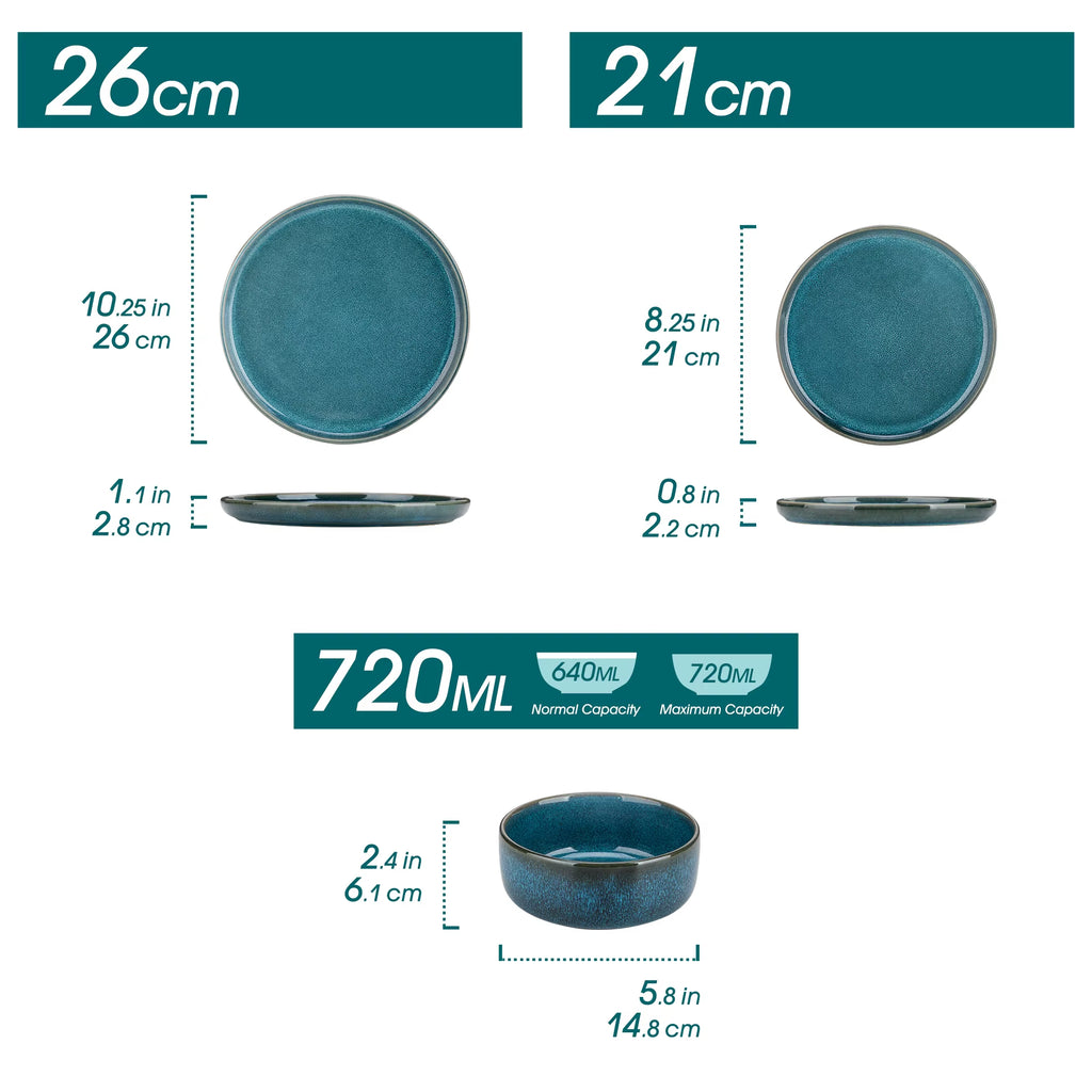 Vancasso 12/24Piece Ceramic Plate Set Blue Reactive Glaze Vertical Edge Tableware Set with 4/8PCS Dinner Plate/Dessert/Bowl