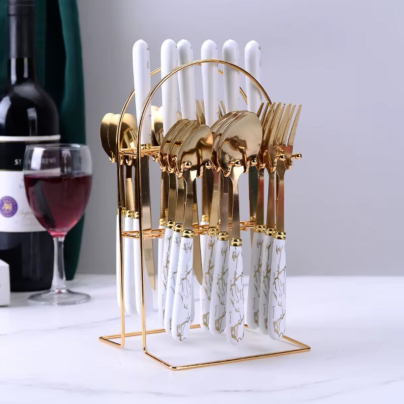 24 Pcs Stainless Steel Tableware Set Gold White Mirror Polished Cutlery Set for Home Restaurant