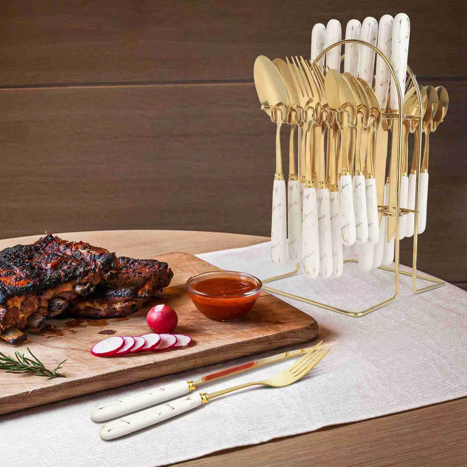 24 Pcs Stainless Steel Tableware Set Gold White Mirror Polished Cutlery Set for Home Restaurant