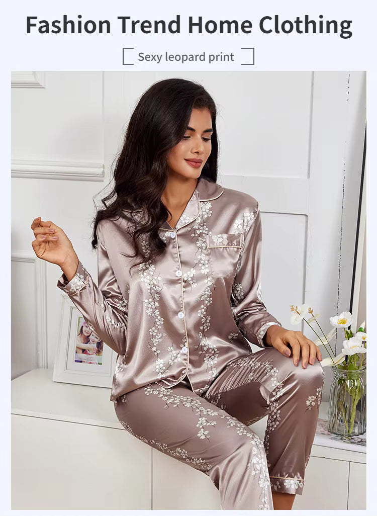 Pajamas Set Long Sleeve Sleepwear Women Button down Nightwear Pj Sets Print Shirt with Trouser Loungewear Female Pyjamas Suits